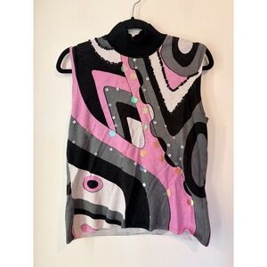 Vintage Y2K Baranda Abstract Sequin Sleeveless High‎ Neck Top L Pink Black Arty